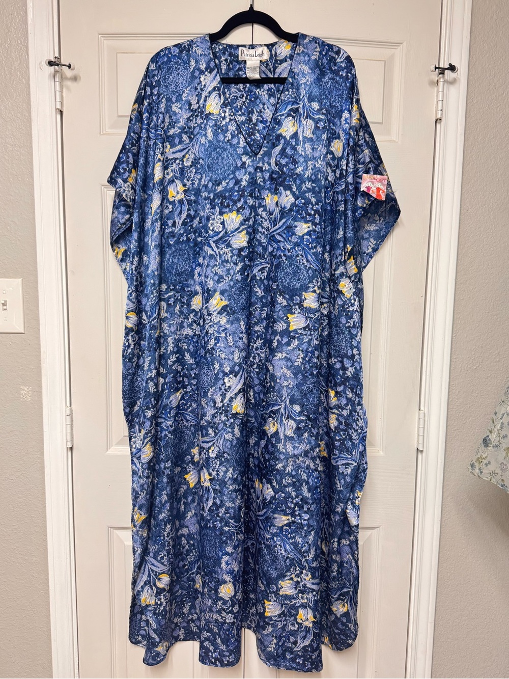 VTG 80s Patricia Leigh Mrs Roper Kaftan Muumuu - OSFM Blue Yellow Floral